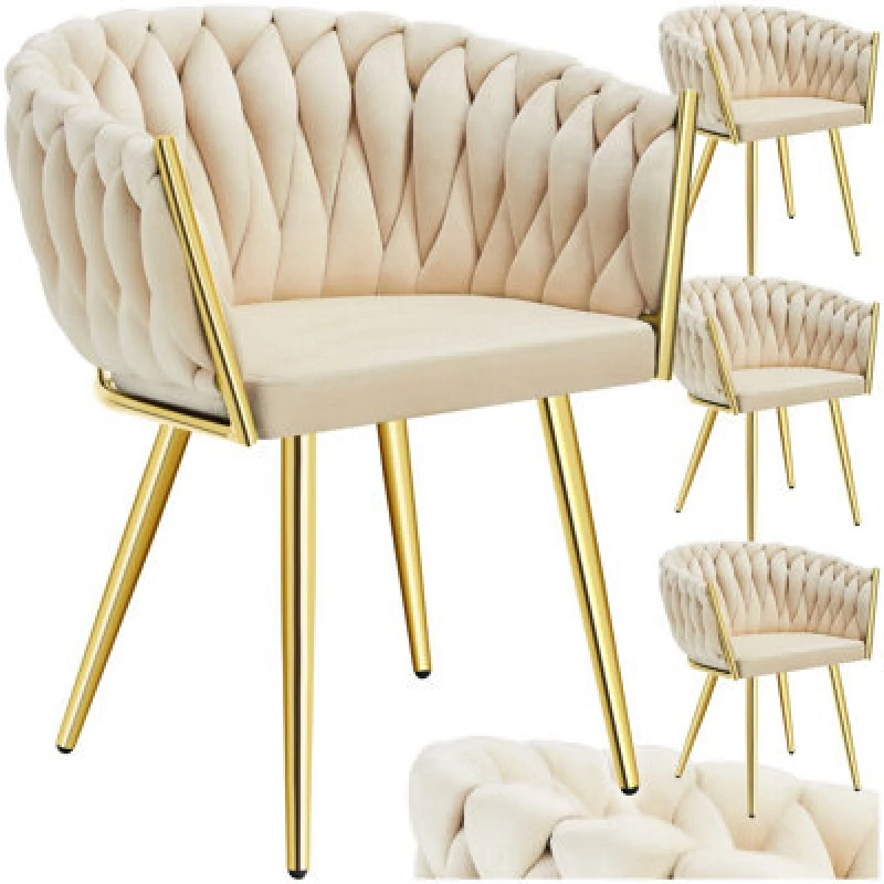 Image of Tectake Set Of 4 Dining Chair Astano - Padded, Velvet, Knot Design, Continuous Backrest - Sand-Colored/gold