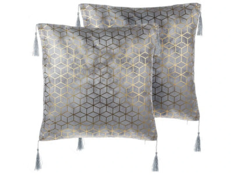 Image of Beliani Set Of 2 Decorative Cushions Yarina 45 X 45cm Grey Geometric Pattern