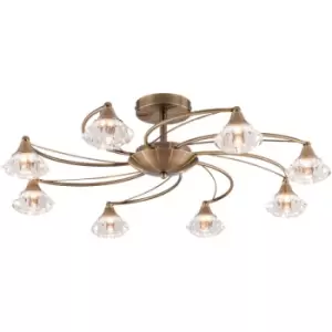 Image of 8 Light Semi-Flush Ceiling Light, Antique Brass Finish, Clear Glass Shades
