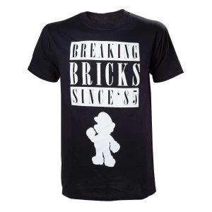 Image of Nintendo Super Mario Bros. Breaking Bricks Since '85 with White Mario Silhouette Mens Small Black T-Shirt