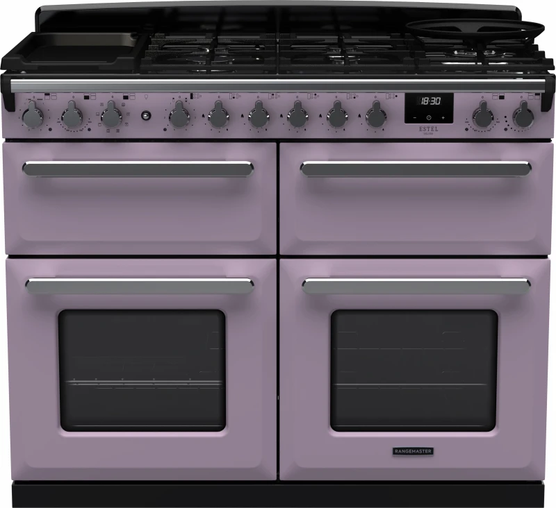 Image of Rangemaster Estel Deluxe ESDLB110DFPHTH/CM1 110cm wide Dual Fuel Range Cooker with Gas Hob - Heather / Chrome - A/A Rated