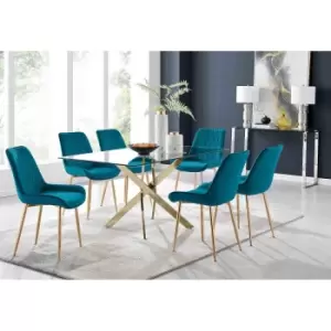 Image of Furniture Box Leonardo 6 Gold Dining Table and 6 Blue Pesaro Gold Leg Chairs