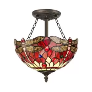 Image of Luminosa Lighting - 3 Light Semi Flush Ceiling E27 With 30cm Tiffany Shade, Purple, Pink, Crystal, Aged Antique Brass