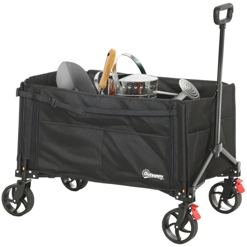 Image of Outsunny Folding Trolley On Wheels - Garden Cart With Openable Sides - Black TJ Hughes 5063603329577