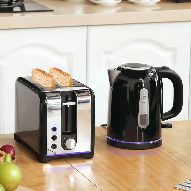 Image of HOMCOM HOMCOM 1.7L 3000W Fast Boil Kettle and 2-Slice Toaster Set with Otter Thermostat in Black One Size Unisex 5063603489127