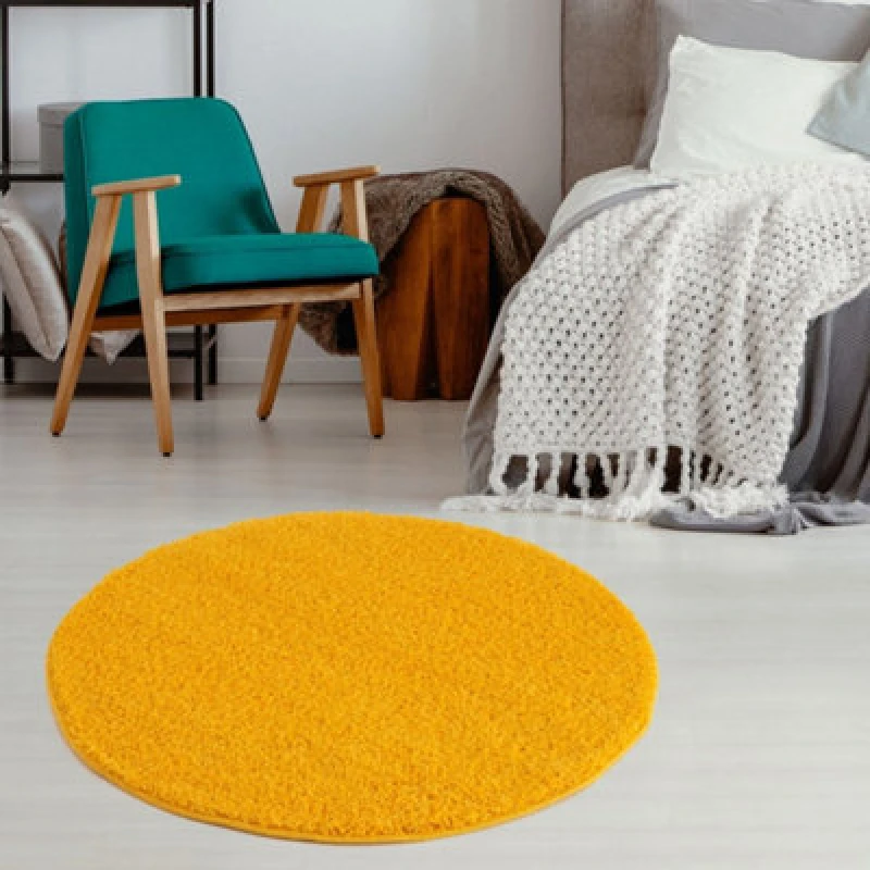 Image of THE RUGS Shaggy Rugs Yellow Living Room Rug - Soft Fluffy Thick Carpet For Bedrooms & Kitchen Easy To Clean Home Decor Rugs Size: 120cm diameter Ye