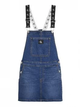 Image of Calvin Klein Jeans Girls Denim Dungaree Dress - Mid Blue Size 14 Years, Women