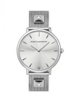 Image of Rebecca Minkoff Rebecca Minkoff Silver Sunray Dial Studded Stainless Steel Mesh Strap Ladies Watch