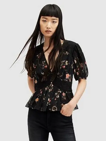 Image of AllSaints Dinah Tanana Puff Sleeve Lace Trim Top