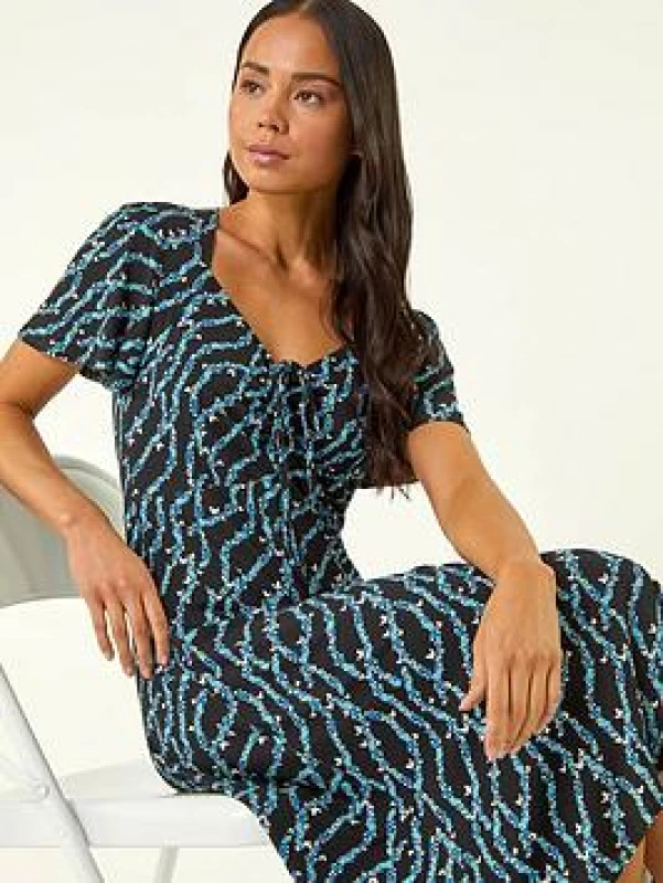 Image of Roman Womens Petite Butterfly Drawstring Midi Dress in Navy Size: 16 Navy Female 16