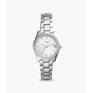 Image of Fossil Womens Scarlette Mini Three-Hand Date Stainless Steel Watch - Silver