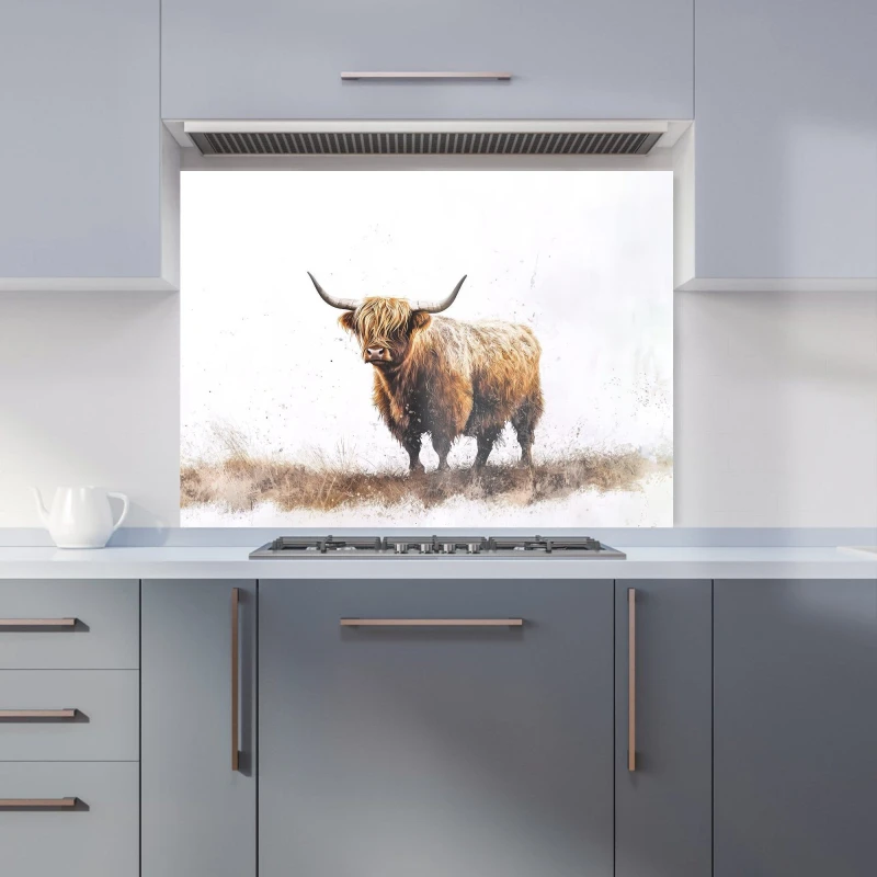 Image of Warren Reed - Designer Highland Cow Watercolour Kitchen Splashback in Brown Size: 900mm x 650mm Brown Unisex 900mm x 650mm
