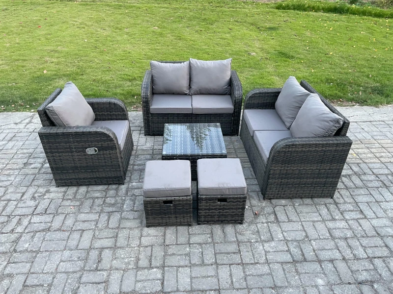 Image of Fimous 6 Piece Garden Furniture Sets 6 Seater Outdoor Patio Furniture Set Weaving Wicker Rattan Sofa Chair and Table with Footstools Dark Grey
