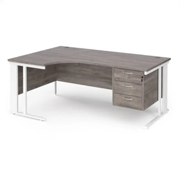 Image of Maestro 25 left hand ergonomic desk 1800mm wide with 3 drawer pedestal - white cable managed leg frame, grey oak top