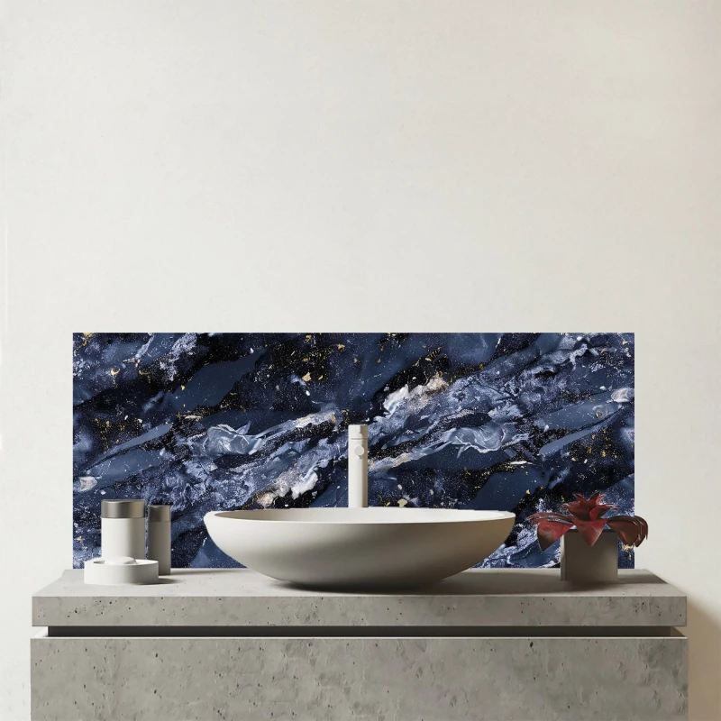 Image of Warren Reed - Designer Deep Ocean Blue Quartz Effect Glass Bathroom Splashback in Brown Brown Unisex