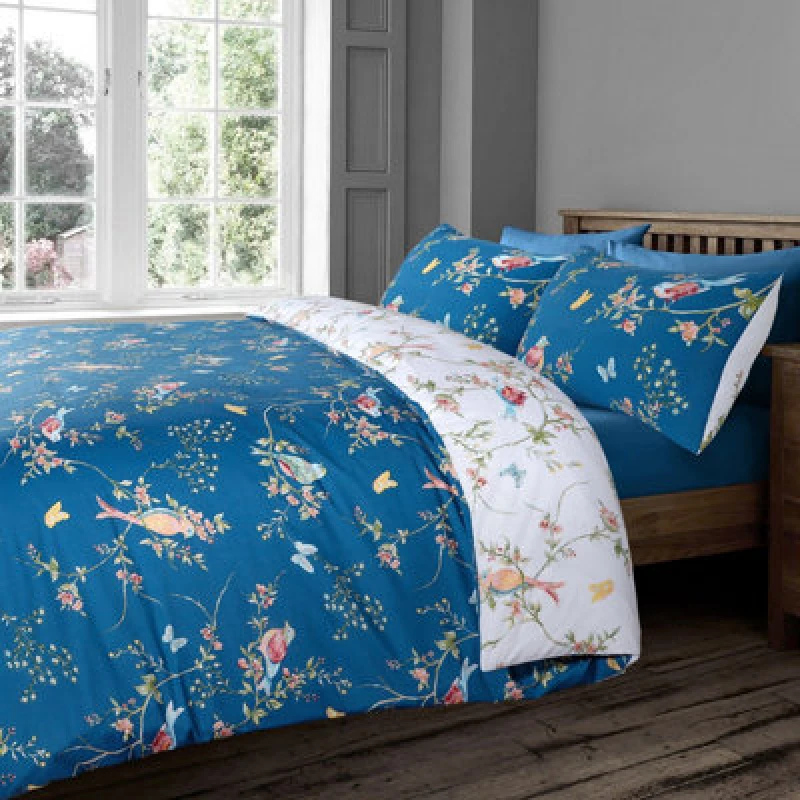 Image of Velosso Birds Floral Cotton Rich Printed Duvet Cover & Pillowcase Set in Navy Size: Double Navy Unisex Double