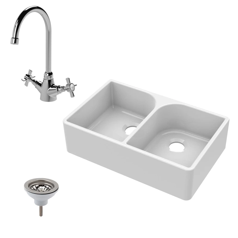 Image of Balterley Fireclay 2 Bowl Full Weir Butler Sink Tap Waste Bundle 795mm White unisex