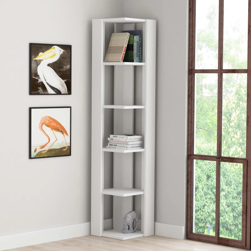 Image of DECORTIE Decortie - Nati Modern Corner Corner Bookcase Display Unit White Tall 161cm - White M.KT.02.12396.2
