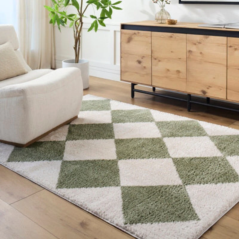 Image of Livabliss Machine Washable Shaggy Diamond Grass Green Deline Area Rug 200 X 275cm - Easy Care, Ideal For Living Room & Bedroom