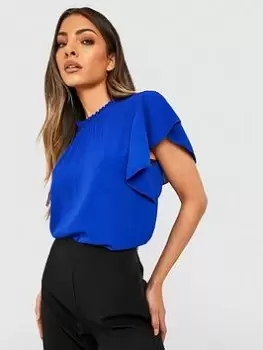 Image of Boohoo Frill Sleeve Blouse - Cobalt, Blue, Size 8, Women