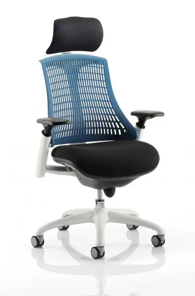 Image of Flex Task Operator Chair White Frame Black Fabric Seat With Blue Back With Arms With Headrest