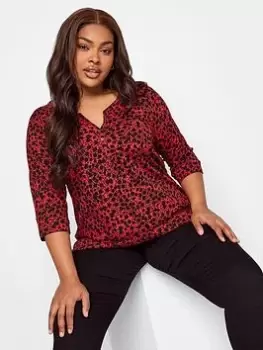 Image of Yours Pintuck Henley Aop Ditsy Red, Red, Size 16, Women