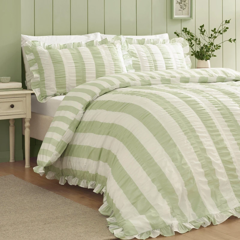 Image of Catherine Lansfield Seersucker Frill Stripe Duvet Cover Bedding Set Green