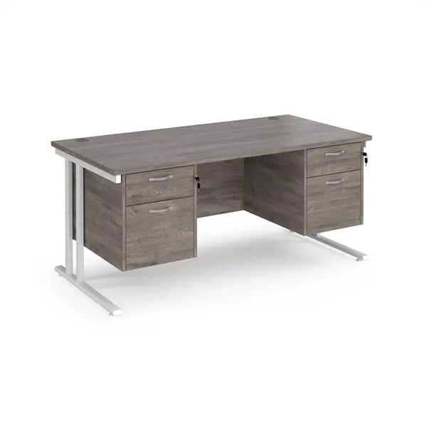 Image of Maestro 25 straight desk 1600mm x 800mm with two x 2 drawer pedestals - white cantilever leg frame, grey oak top