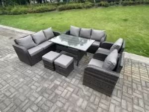 Image of Fimous 8 Seater Outdoor Dark Grey Rattan Lounge Complete Sofa Set with Reclining Chair and 2 Big Footstool