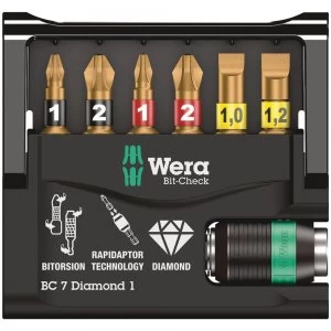 Image of Wera 7 Piece Bit-Check Diamond Bitorsion Screwdriver Bit and Holder Set