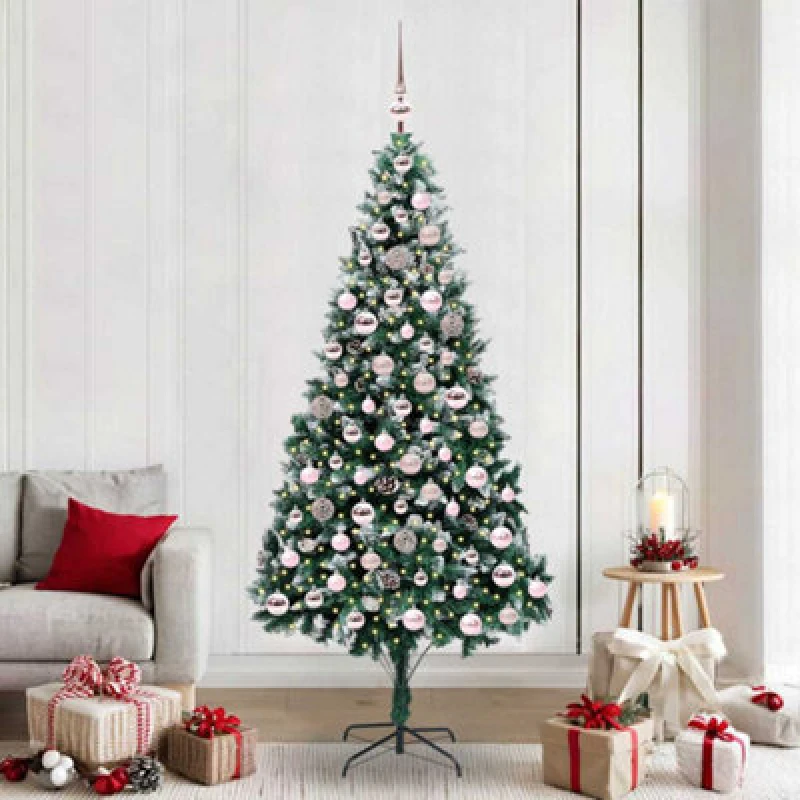 Image of vidaXL Artificial Christmas Tree with 300 LEDs, Pink Balls with Stand Green 210 x 120 cm, Green 3396275