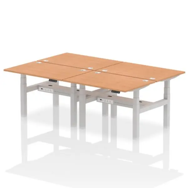 Image of Air Air Back-to-Back 1200 x 800mm Height Adjustable 4 Person Bench Desk Oak Top with Cable Ports Silver Frame HASCP4P12800OAKS