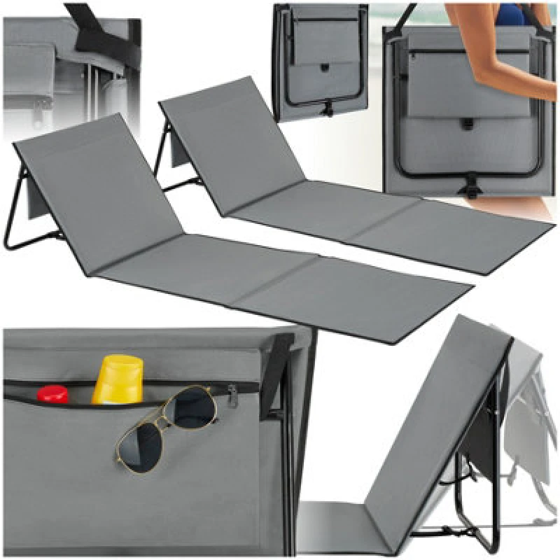 Image of Tectake 2 Sun Lounger Mina - Set Of 2 - Padded Backrest, Foldable, With Shoulder Strap & Storage Bag - Grey/blue