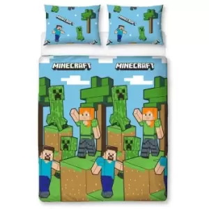 Image of Epic Duvet Cover Set (Double) (Blue/Green/Brown) - Blue/Green/Brown - Minecraft
