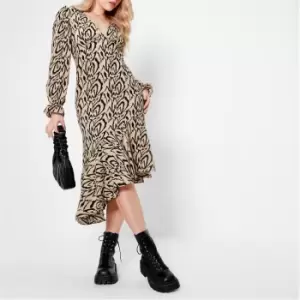 Image of I Saw It First Printed Crinkle Frill Hem Midi Dress - Nude