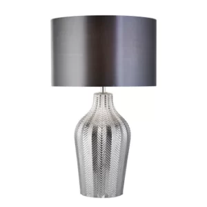 Image of 1 Light Table Lamp With Grey Drum Shade And Smoked Ribbed Glass Base