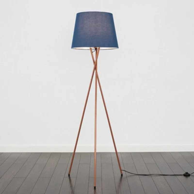 Image of ValueLights ValueLights Camden Copper Metal Tripod Floor Lamp with Tapered Shade and LED Bulb in Navy Navy One Size Unisex 5055759993283