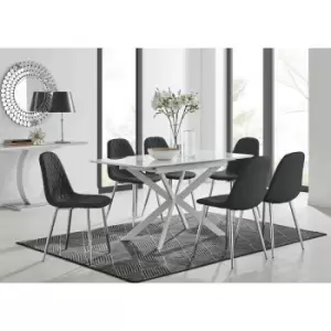 Image of Lira 120 Extending Dining Table and 6 Black Corona Faux Leather Dining Chairs with Silver Legs Diamond Stitch - Black