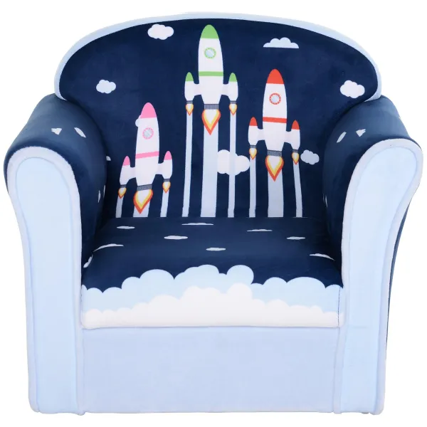 Image of Kids Sofa Children's Armchair Tub Chair Cartoon Rocket Pattern Wooden Frame