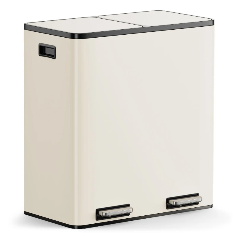 Image of Vonhaus Cream 60L Waste & Recycling Kitchen Bin, 2 X 30L Compartment Stainless Steel Pedal Bin W/ Non Slip Base, Removable In-Bins
