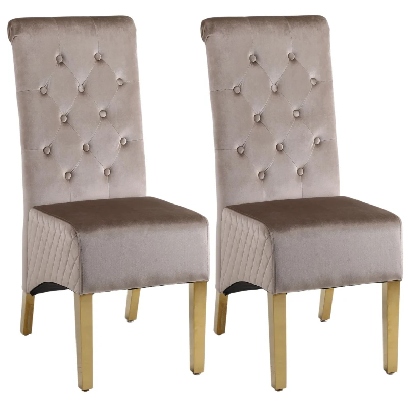 Image of Modernique Modernique A Pair (x2) Velvet High Back Dining Chairs with Golden Chrome Knocker & Legs in Brown Brown One Size Unisex 5061017320333