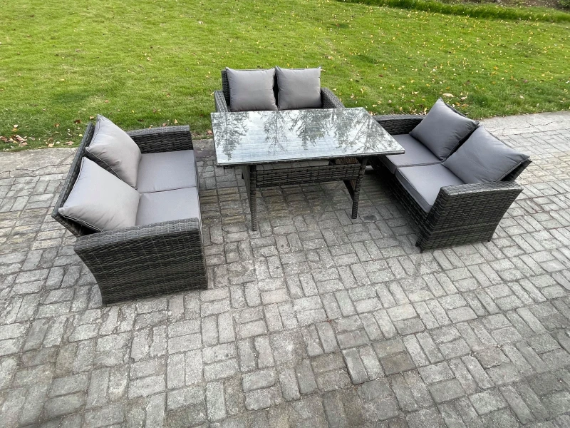 Image of Fimous 6 Seater Rattan Wicker Garden Furniture Patio Conservatory Sofa Set Indoor Outdoor with Dining Table Double Seat Sofa in Dark Grey Dark Grey Un