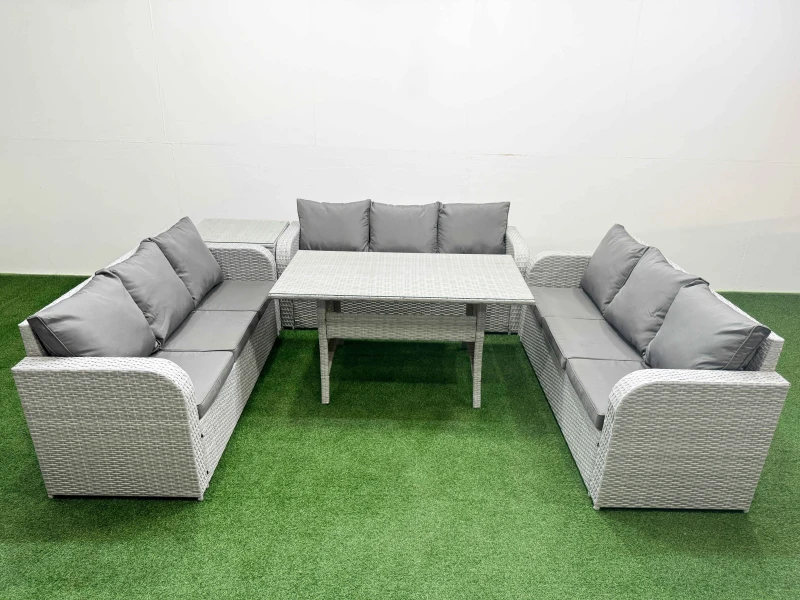 Image of Fimous PE Rattan Lounge Sofa Set 9 Seater Outdoor Garden Furniture Set with Rectangular Dining Table 3 Seater Sofa Side Table Light Grey Light Grey