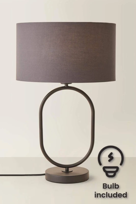 Image of ValueLights ValueLights Antonia Fabric Drum Lamp Shade Matte Black Oval Table Lamp with Bulb in Charcoal Charcoal One Size Unisex 5059406066986