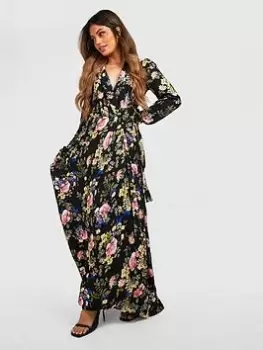 Image of Boohoo Floral Wrap Belted Maxi Dress - Black, Size 10, Women