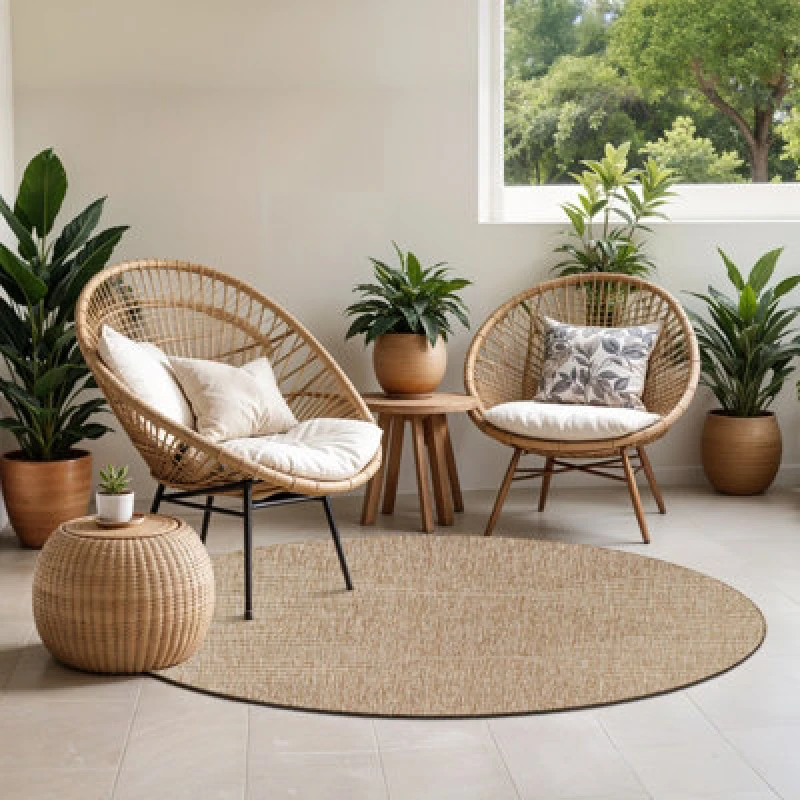 Image of Livabliss Round In- & Outdoor Global Brown Dolly Area Rug 160 X 160 Cm - Easy To Clean, Perfect For Patio, Balcony, Kitchen Or Dining Room