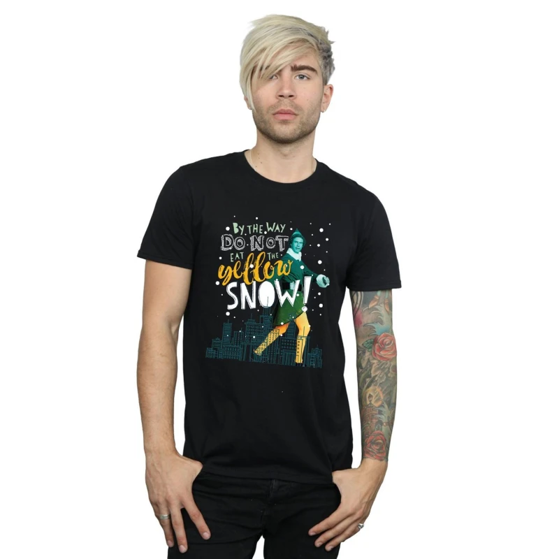 Image of Elf Elf Men Yellow Snow Cotton T-Shirt in Black Size: Small Black S Male 5063376811378