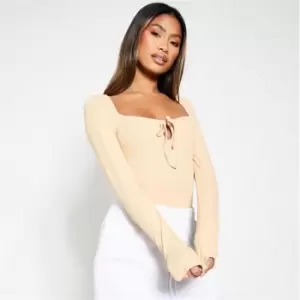 Image of I Saw It First Viscose Rib Long Sleeve Tie Front Bodysuit - Brown