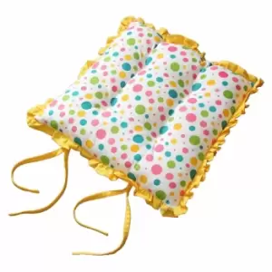 Image of Reversible Yellow Frilled Cushion Seat Pad with Ties Polka Dots Multi - Homescapes