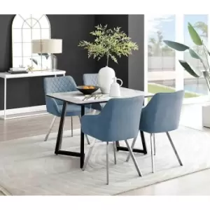 Image of Furniture Box Carson White Marble Effect Dining Table and 4 Blue Falun Silver Leg Chairs
